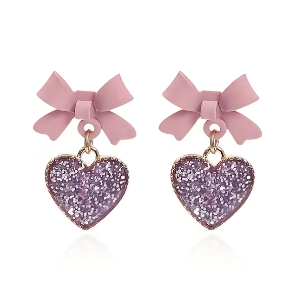 Fashion Jewelry Jewelry - Pink Bow and Purple Heart Earrings